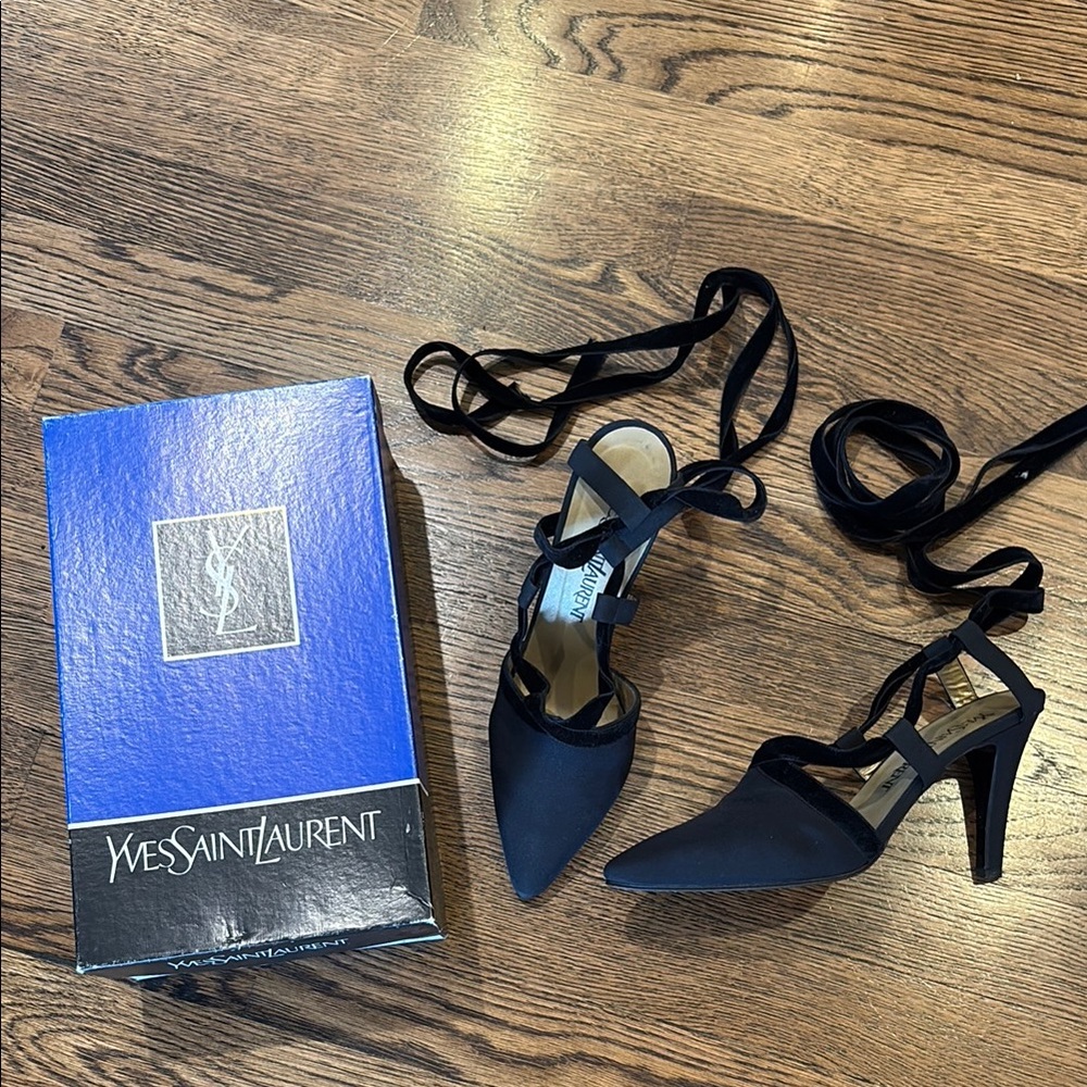 Saint Laurent Vintage crepe & velvet lace up Black slingback heels,7, timeless - Picture 6 of 6